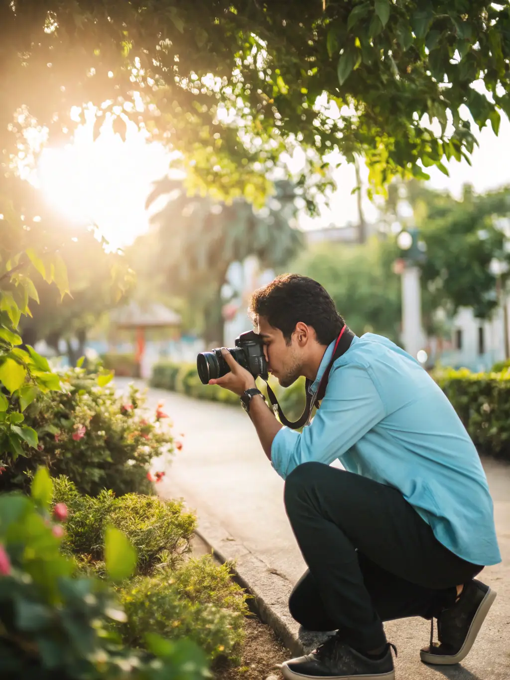 A photographer capturing candid moments at an outdoor event with natural lighting, showcasing on-site photography services.